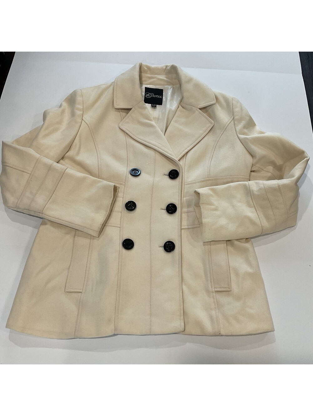 Guess Los Angeles Women’s XL Wool Blend Double Breasted Pea Coat Winter White.